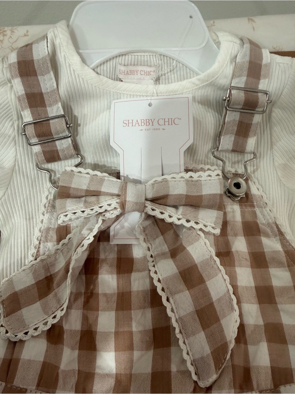 Shabby Chic Cream and Beige Gingham Bow Pinafore Dress with Suspenders